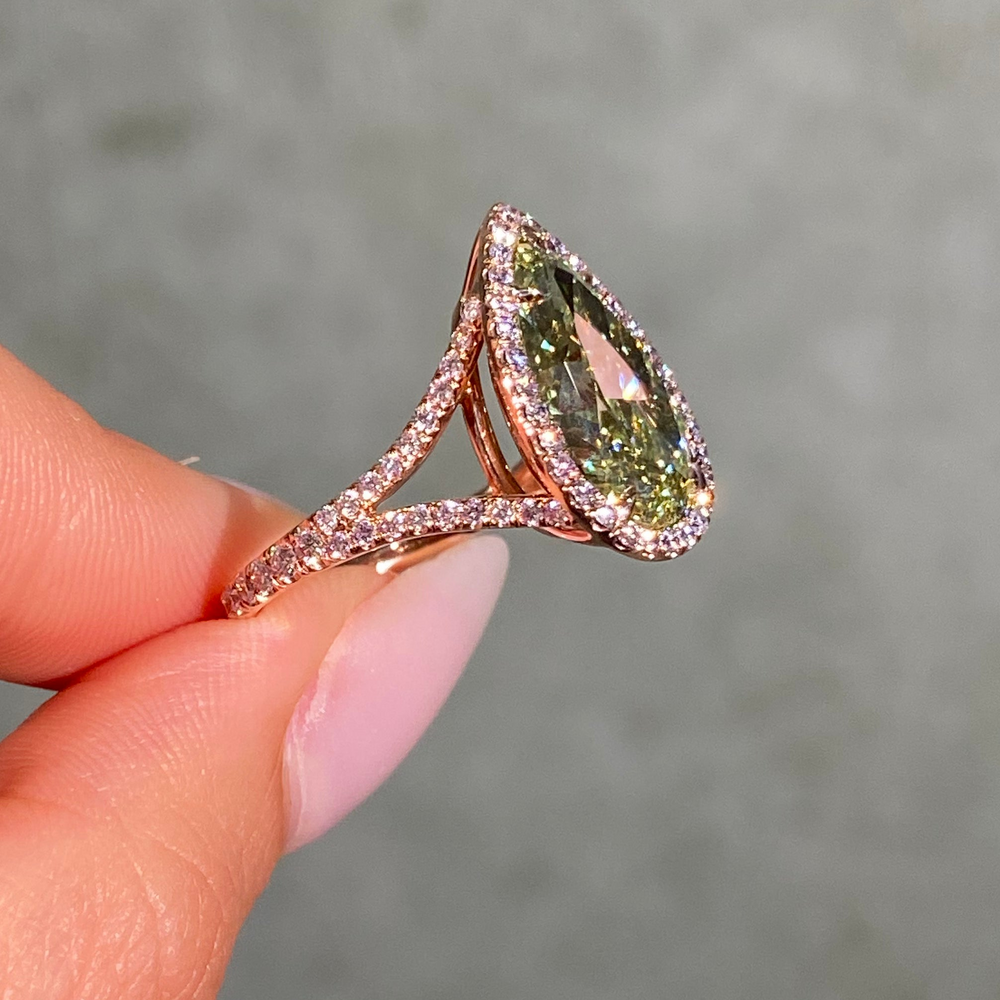 6ct Green Pear Diamond in Pink Diamond Halo Split Shank Engagement Ring