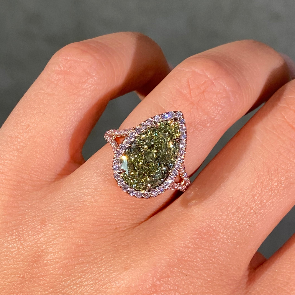6ct Green Pear Diamond in Pink Diamond Halo Split Shank Engagement Ring