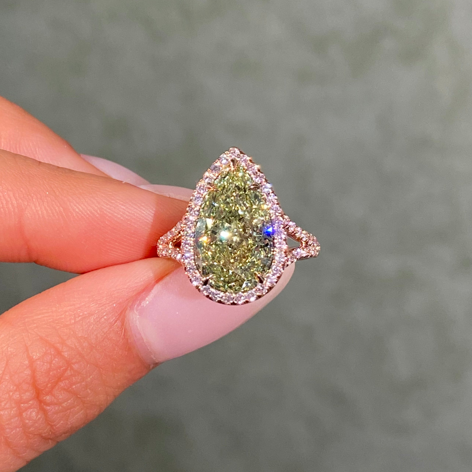 6ct Green Pear Diamond in Pink Diamond Halo Split Shank Engagement Ring