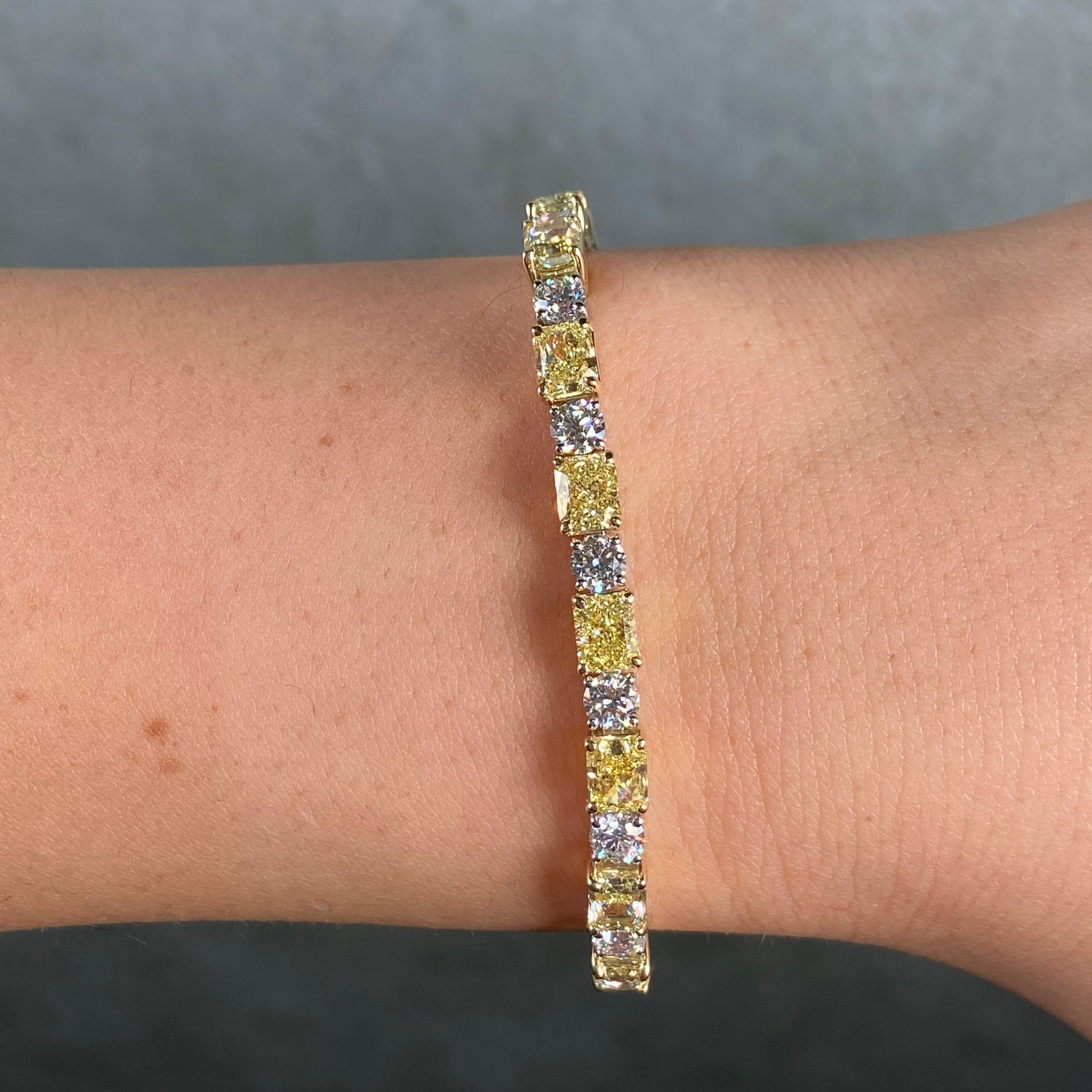 Fancy Yellow Elongated Radiant and White Round Diamond Tennis Bracelet - GIA Certified