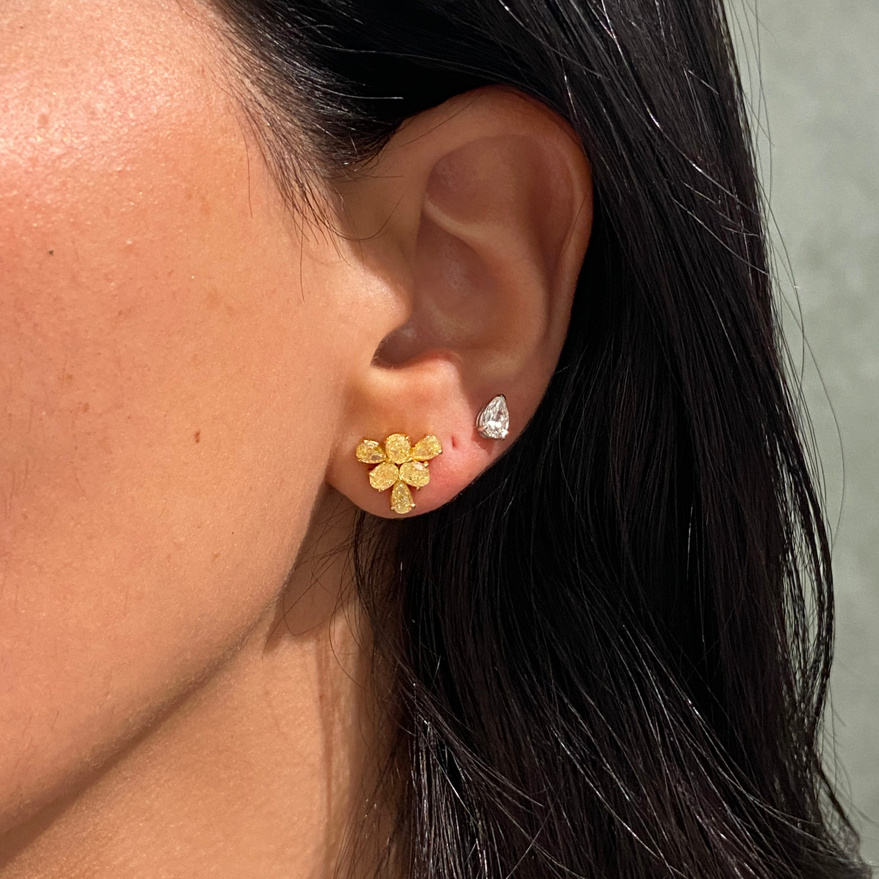 Fancy Yellow Pear and Cushion Diamond Floral Cluster Stud Earrings