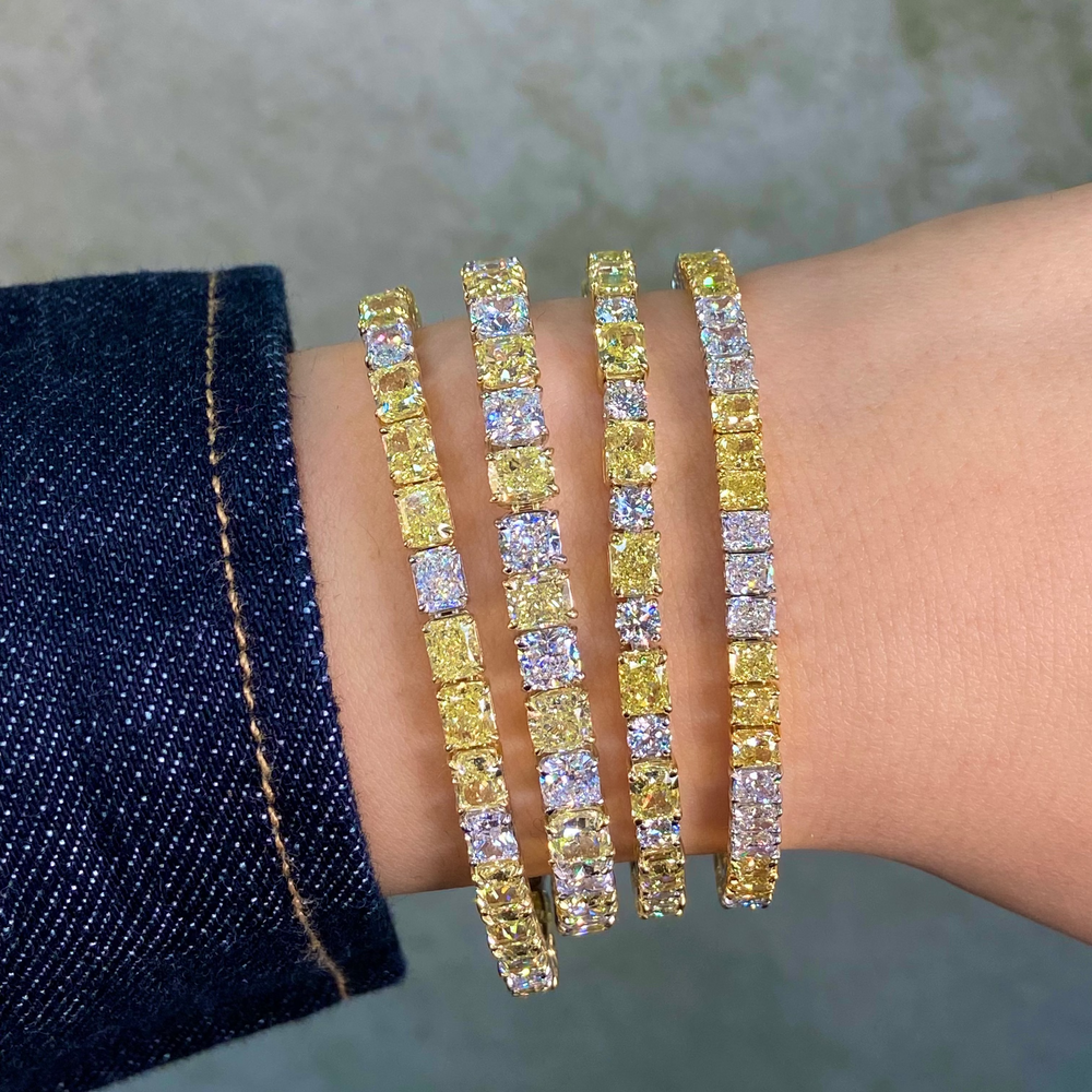 Fancy Yellow Elongated Radiant and White Round Diamond Tennis Bracelet - GIA Certified