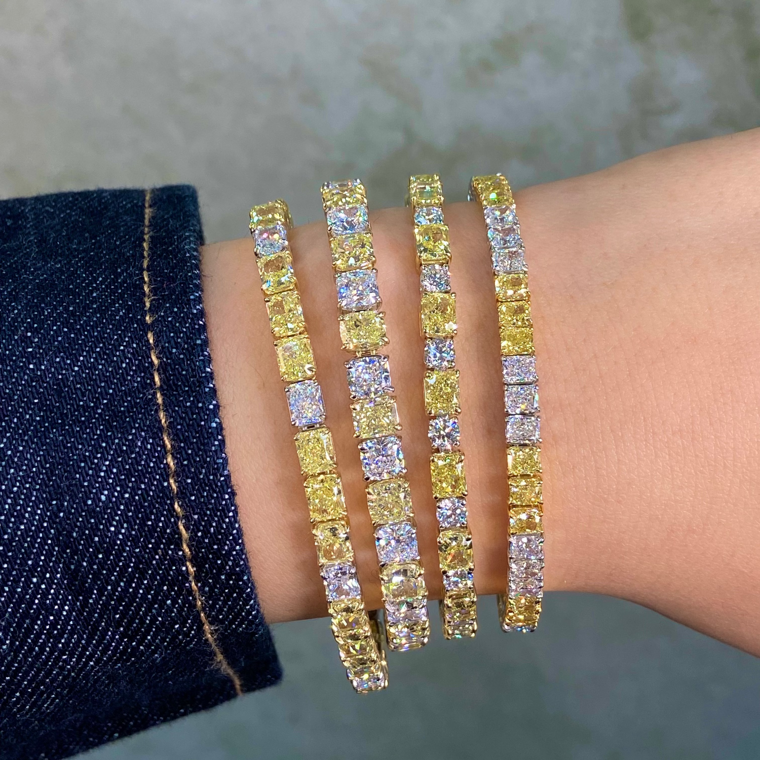 Fancy Yellow Elongated Radiant and White Round Diamond Tennis Bracelet - GIA Certified