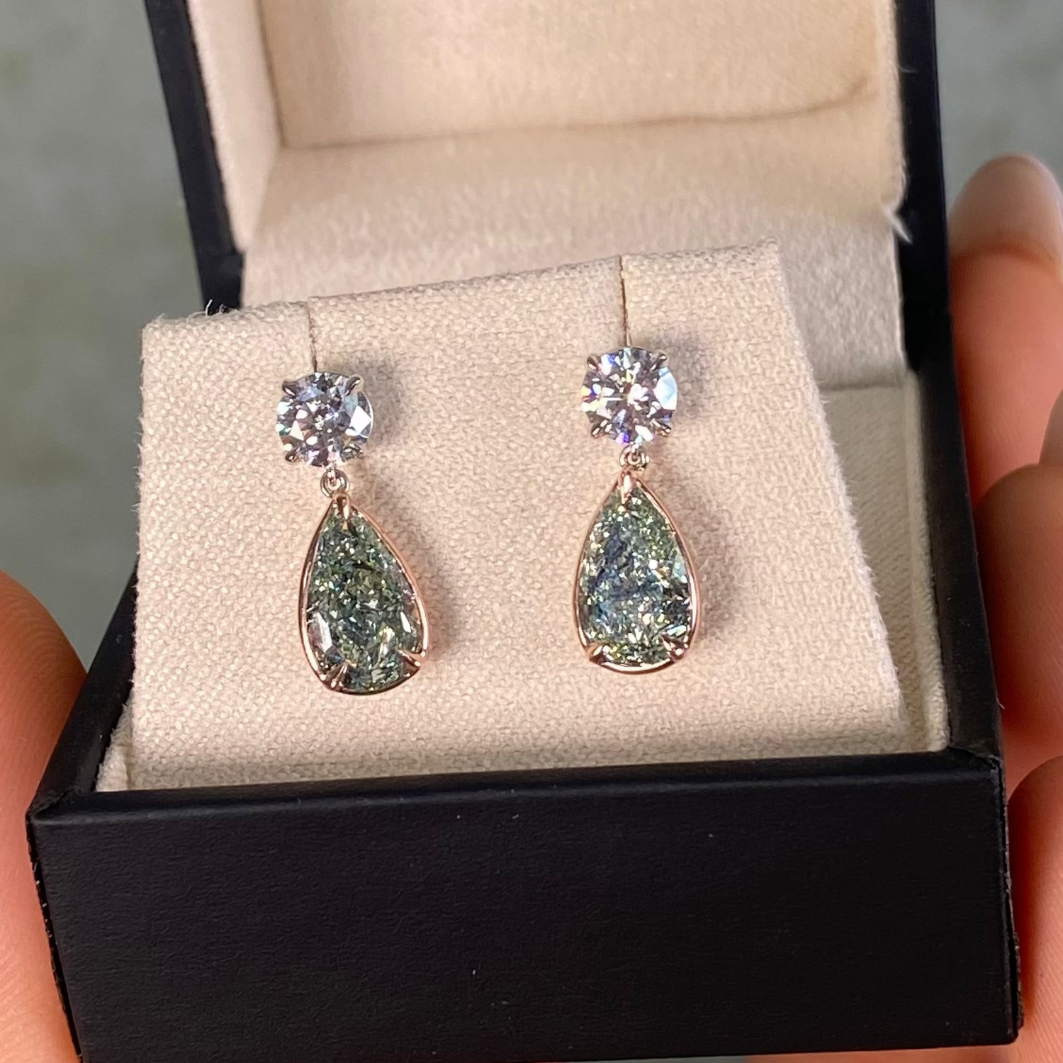 Green diamond drop earrings by Rare Colors by Namdar, New York City