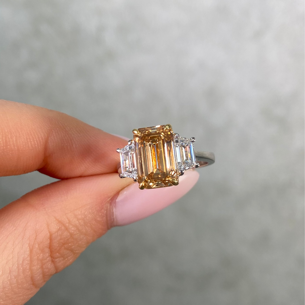 3.55ct Champagne Emerald diamond engagement ring, handcrafted by Rare Colors by Namdar
