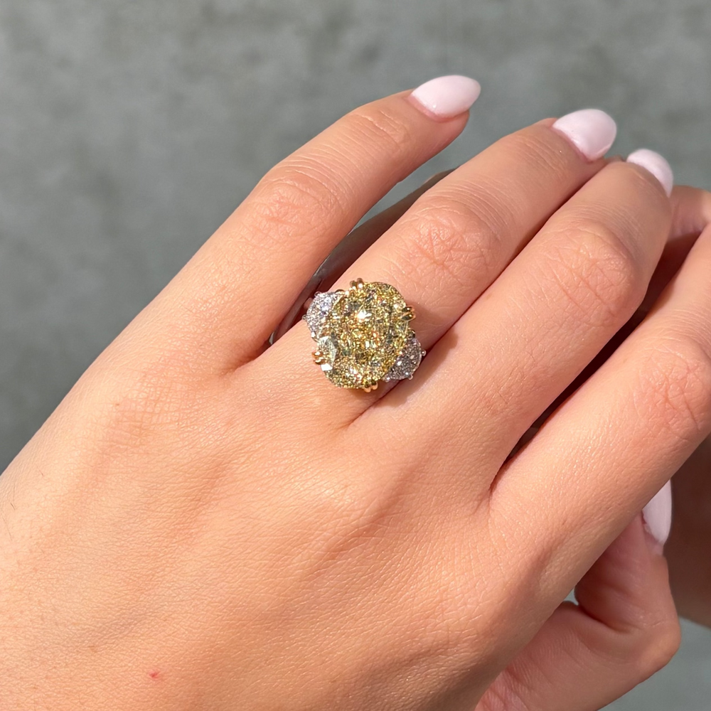 11.07ct GIA Light Yellow Oval Diamond Three Stone Engagement Ring