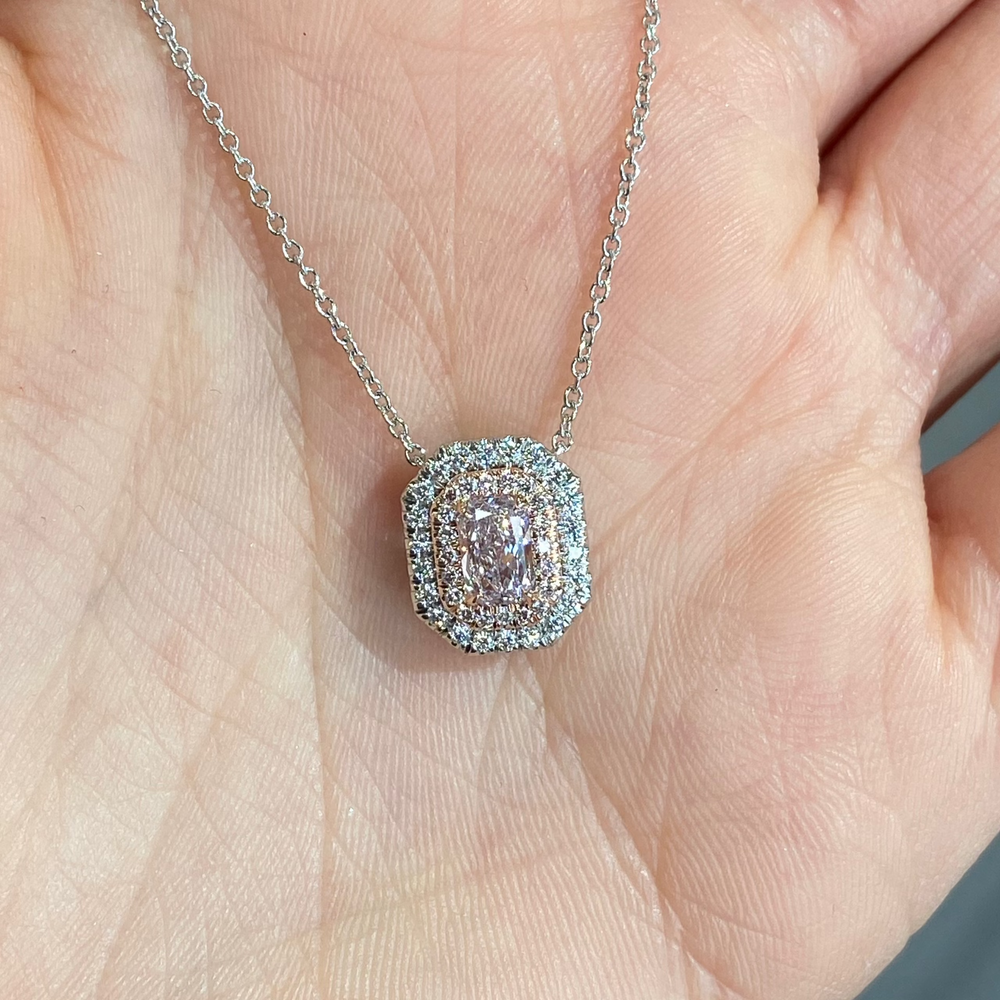 Pink Elongated Radiant pendant — color diamond specialists Rare Colors by Namdar