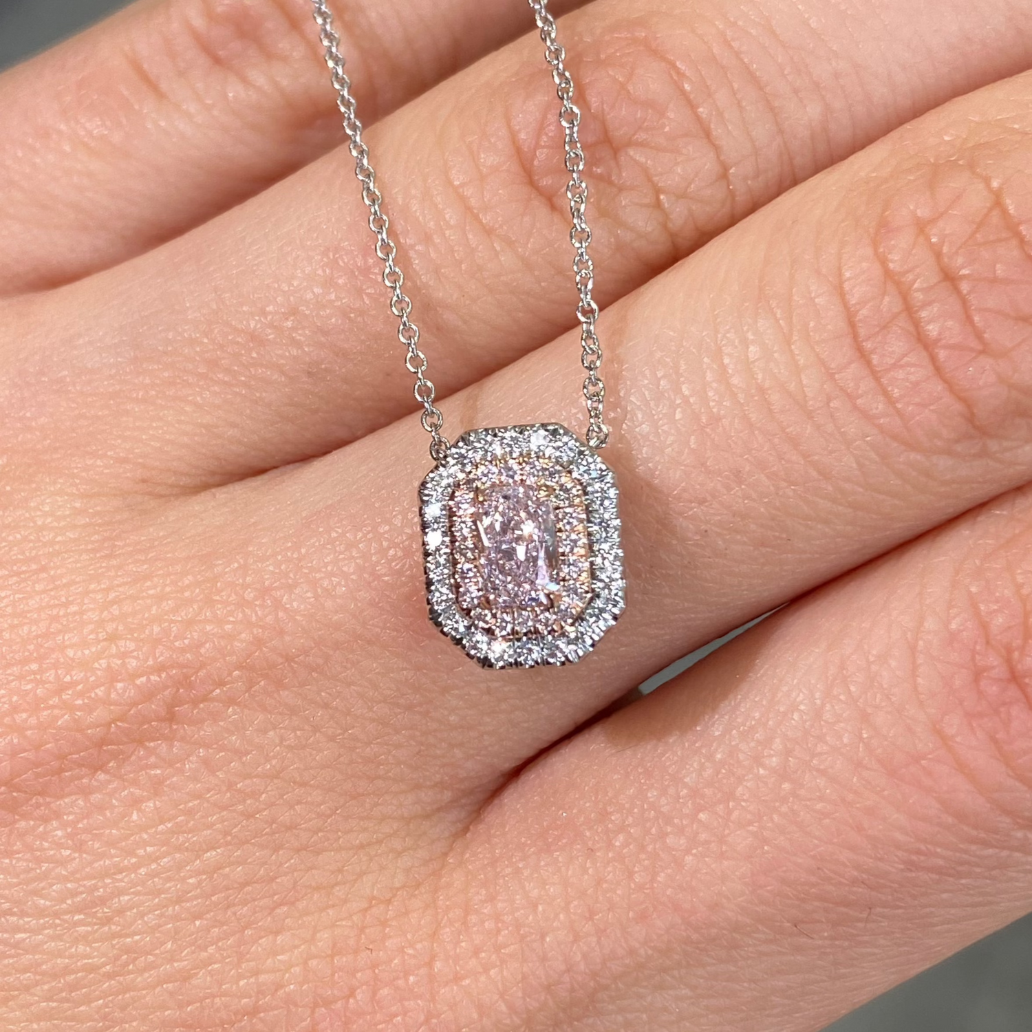 Pink Elongated Radiant diamond pendant by Rare Colors by Namdar, New York City