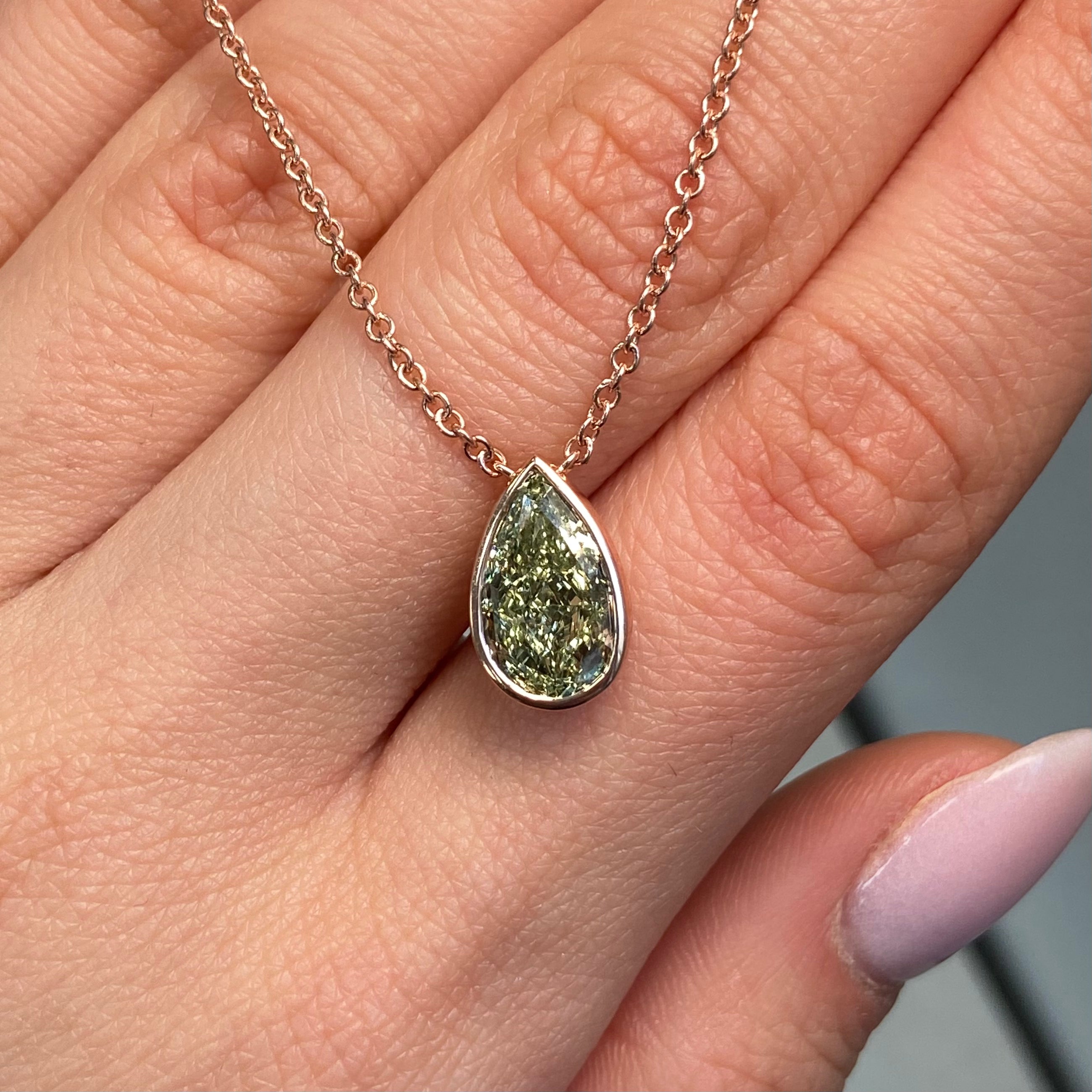 Green Pear Diamond in Pink Bezel Pendant Necklace