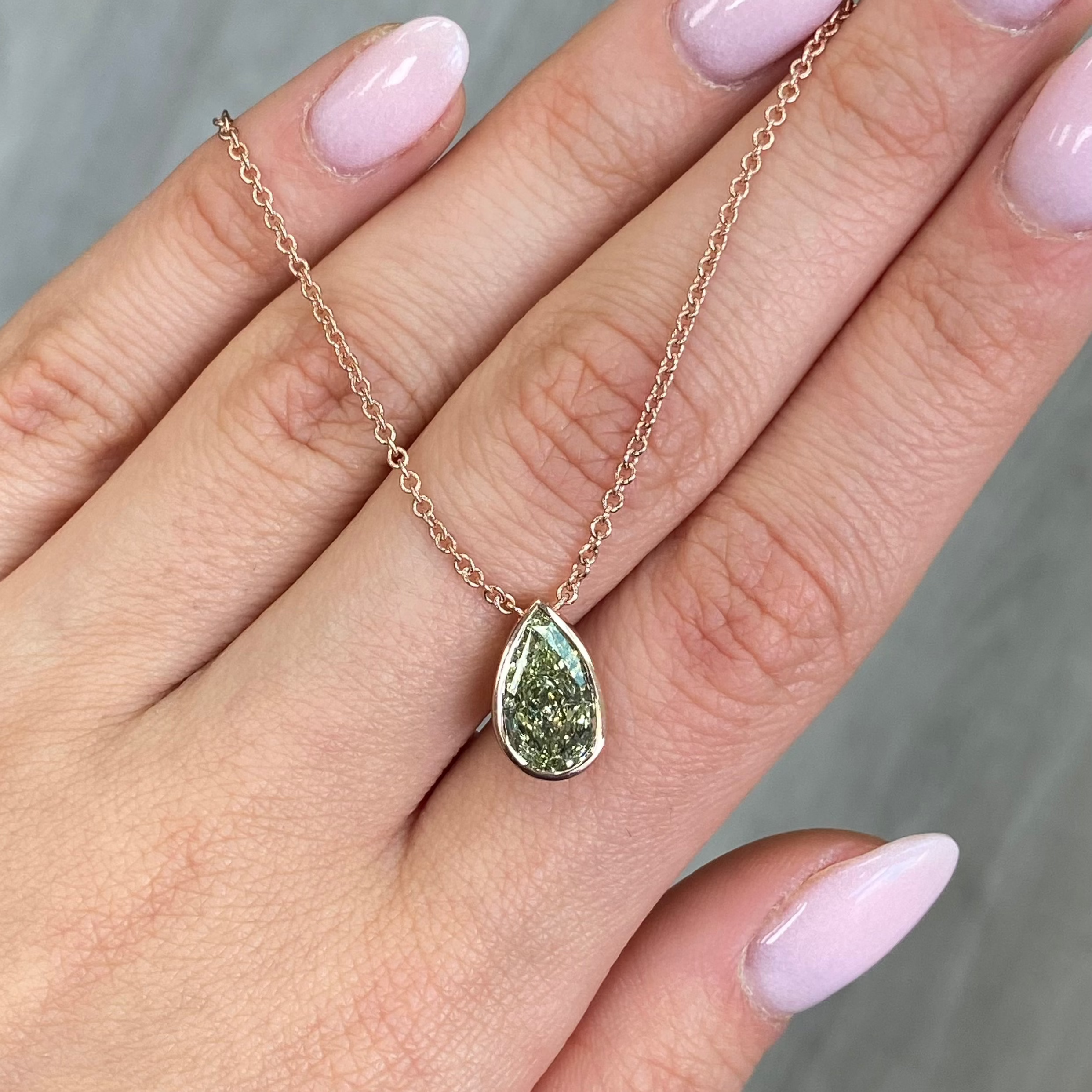 3 Carat Green Pear Diamond in Pink Bezel Pendant Necklace