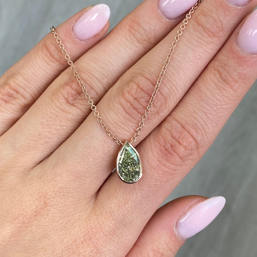 3 Carat Green Pear Diamond in Pink Bezel Pendant Necklace