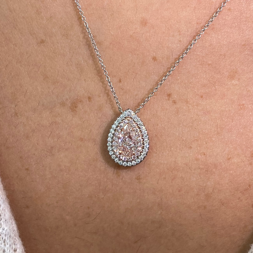 GIA 1ct Pink Pear diamond pendant at Rare Colors by Namdar, 5th Avenue New York