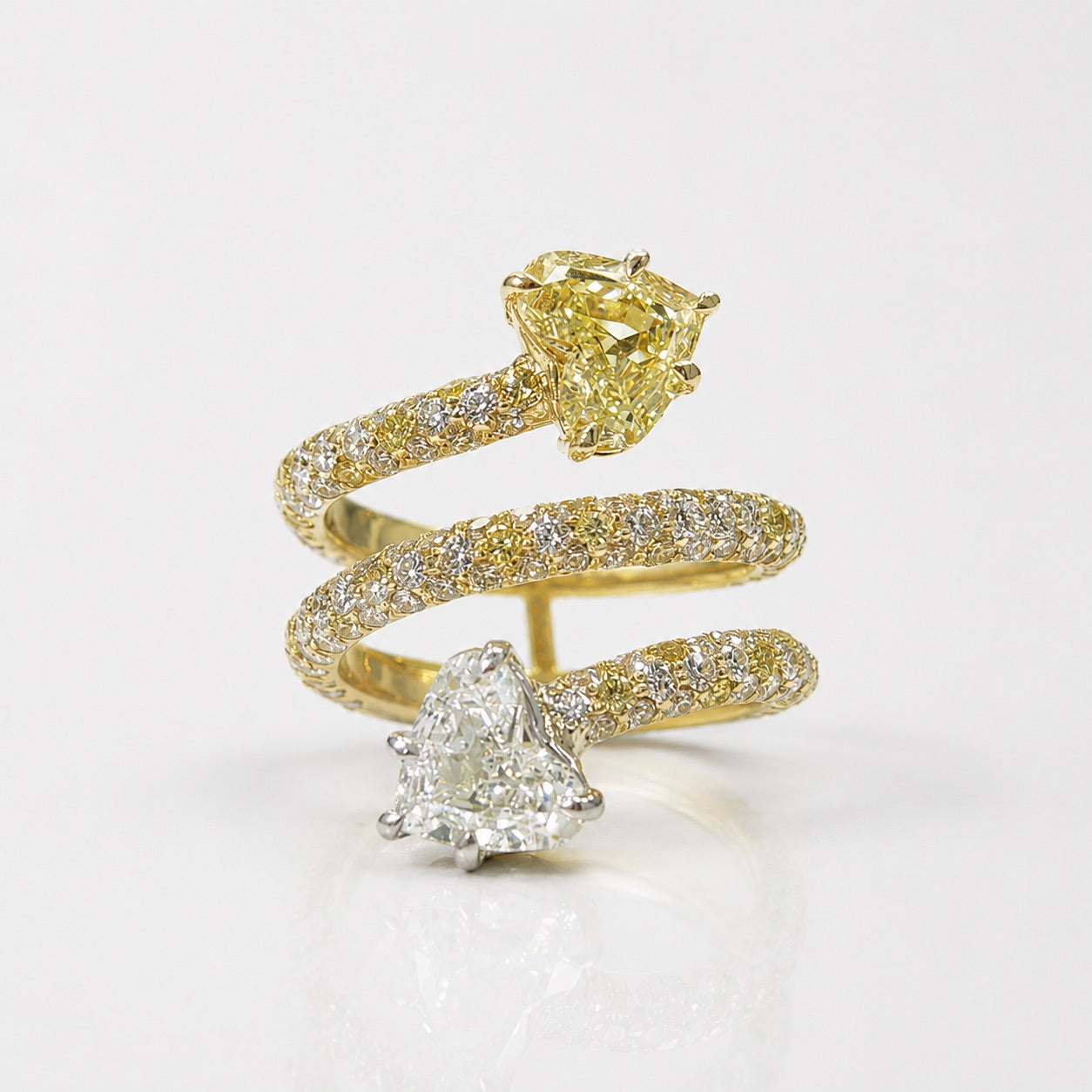 Yellow and Colorless Heart Diamond Spiral Ring