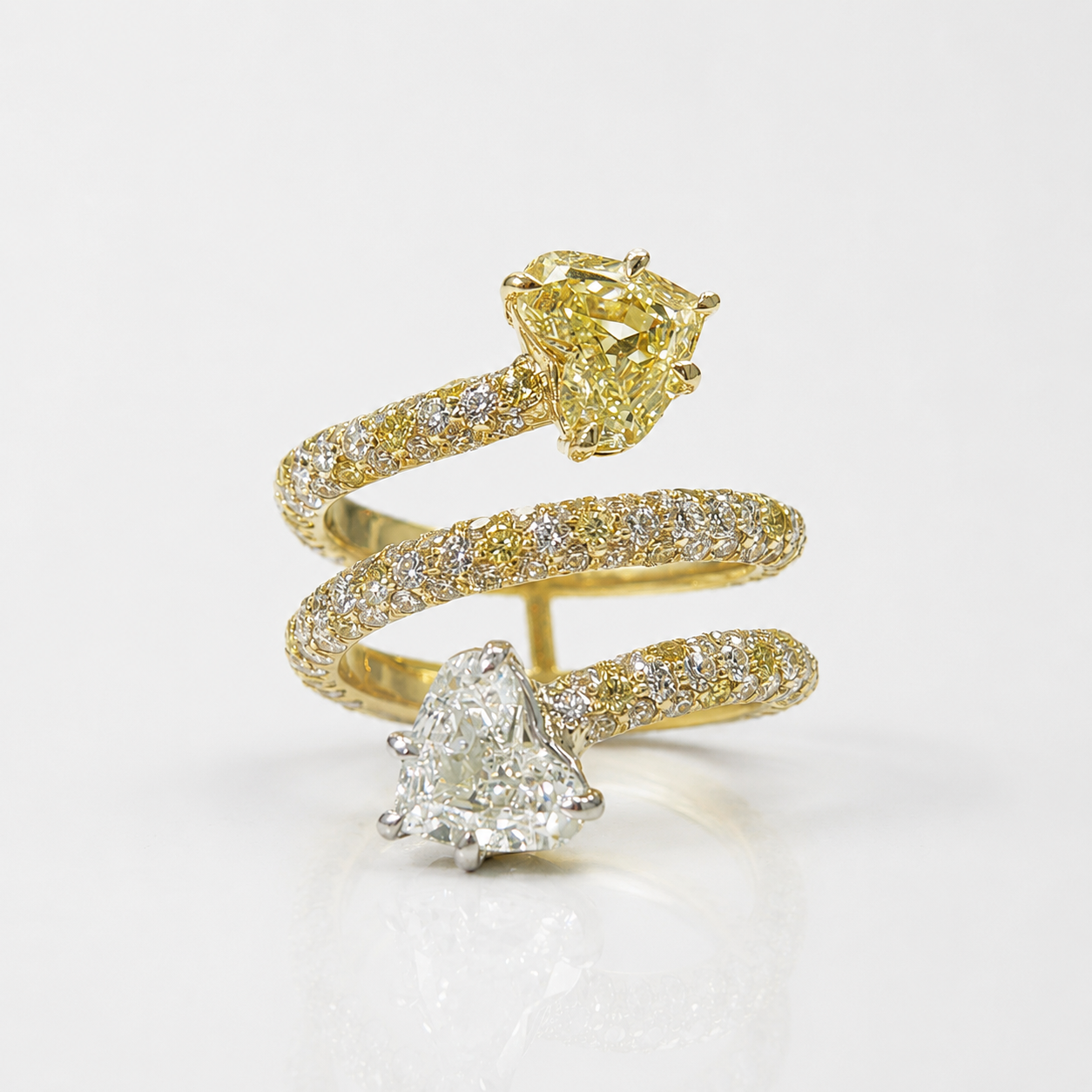 Yellow and Colorless Step Heart Diamond Spiral iIng