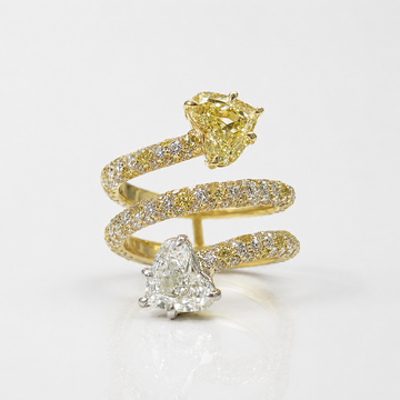 Yellow and Colorless Heart Diamond Spiral Ring