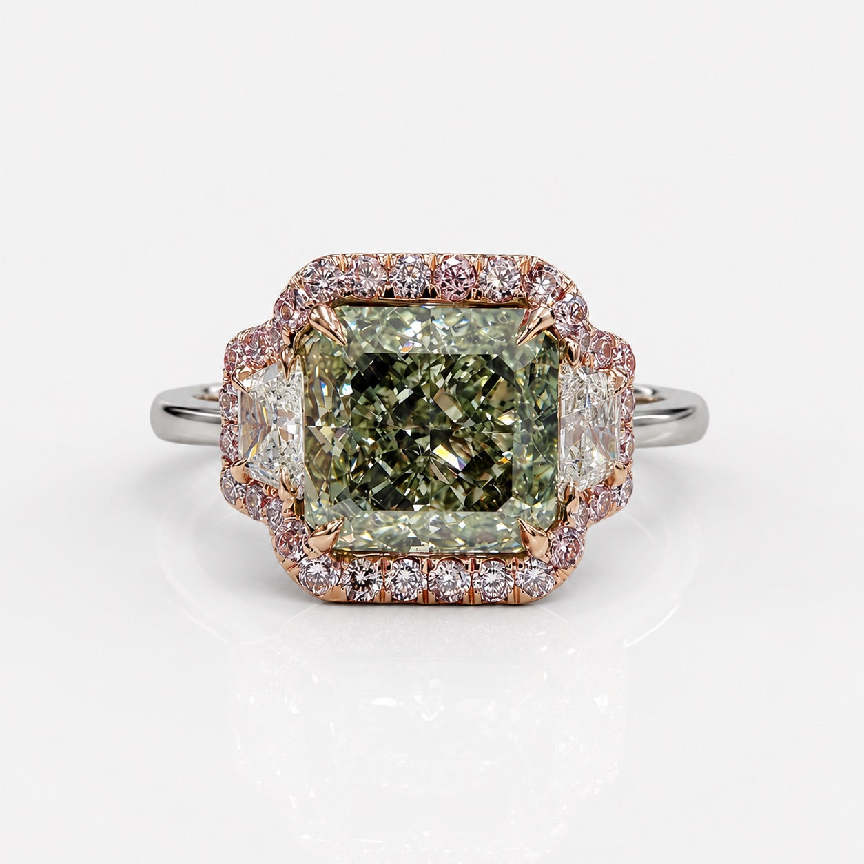 2.54ct GIA Green Diamond Three Stone Halo Engagement Ring