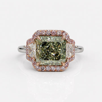 2.54ct GIA Green Diamond Three Stone Halo Engagement Ring