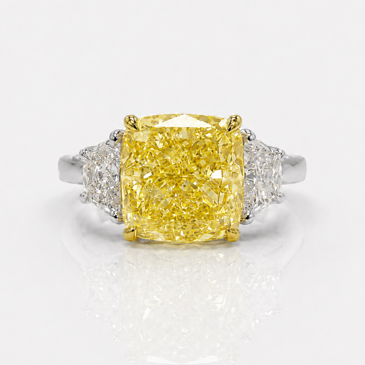5.01ct Fancy Yellow Square Cushion Diamond Three Stone Engagement Ring
