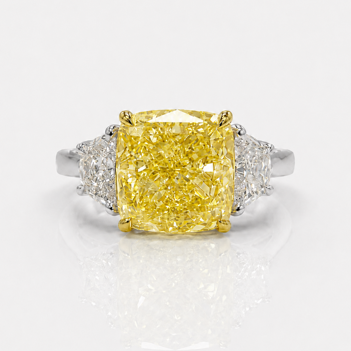 5.01ct Fancy Yellow Square Cushion Diamond Three Stone Engagement Ring