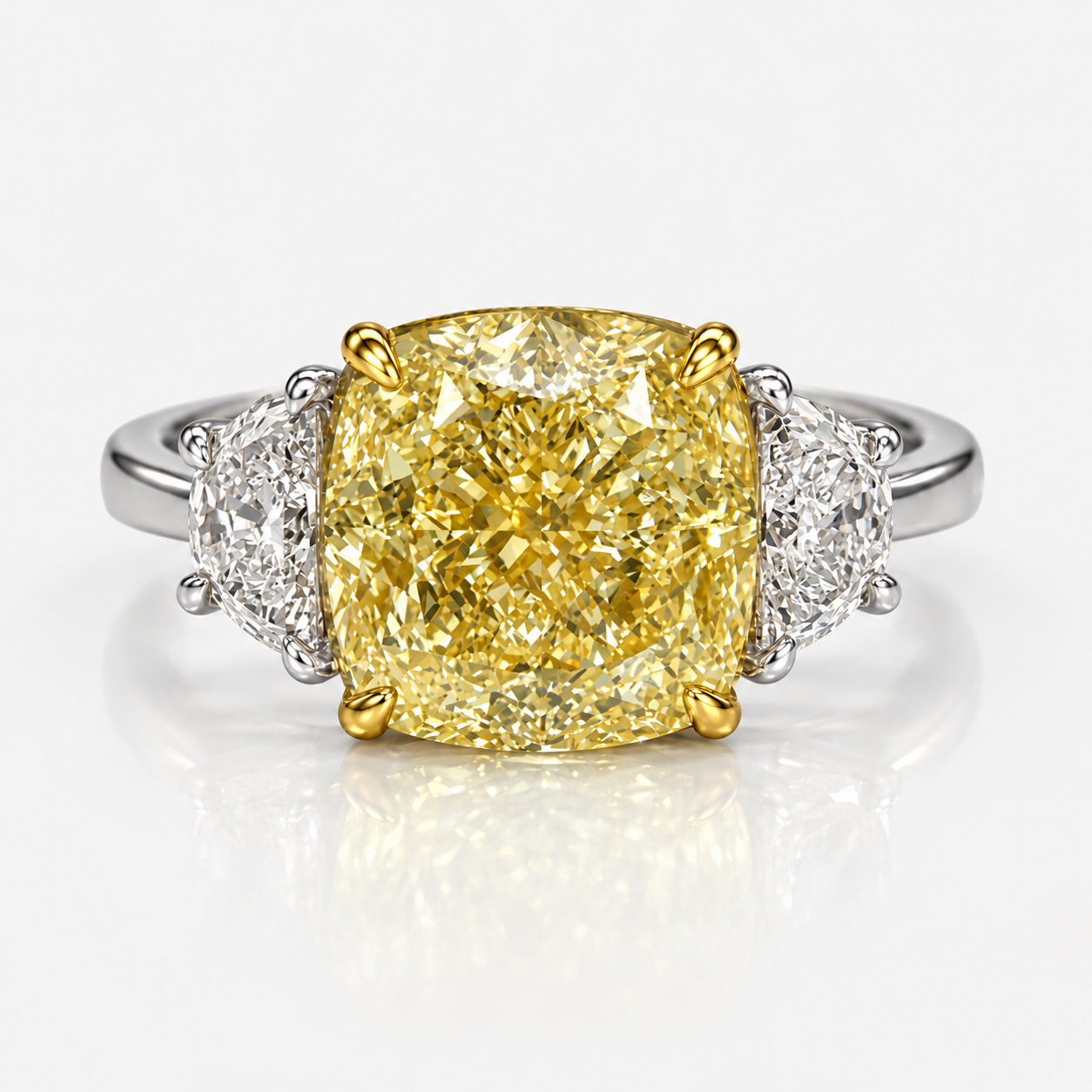 5.05ct GIA Fancy Light Yellow Square Cushion Diamond Three Stone Engagement Ring