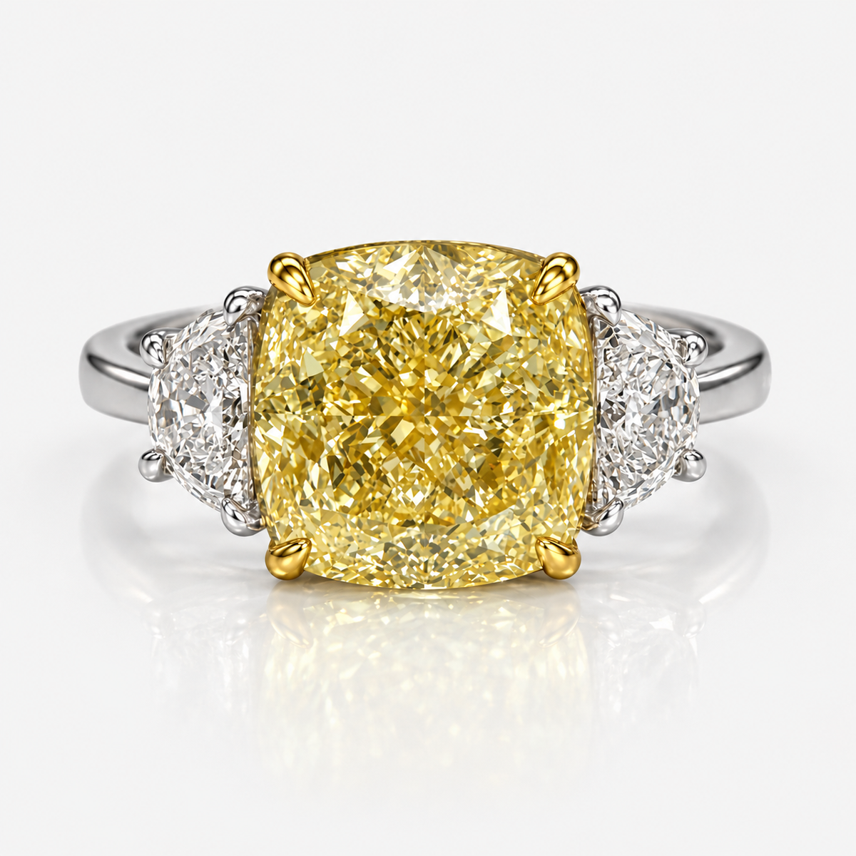 5.05ct GIA Fancy Light Yellow Square Cushion Diamond Three Stone Engagement Ring