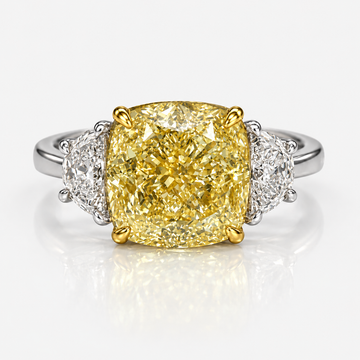 5.05ct GIA Fancy Light Yellow Square Cushion Diamond Three Stone Engagement Ring