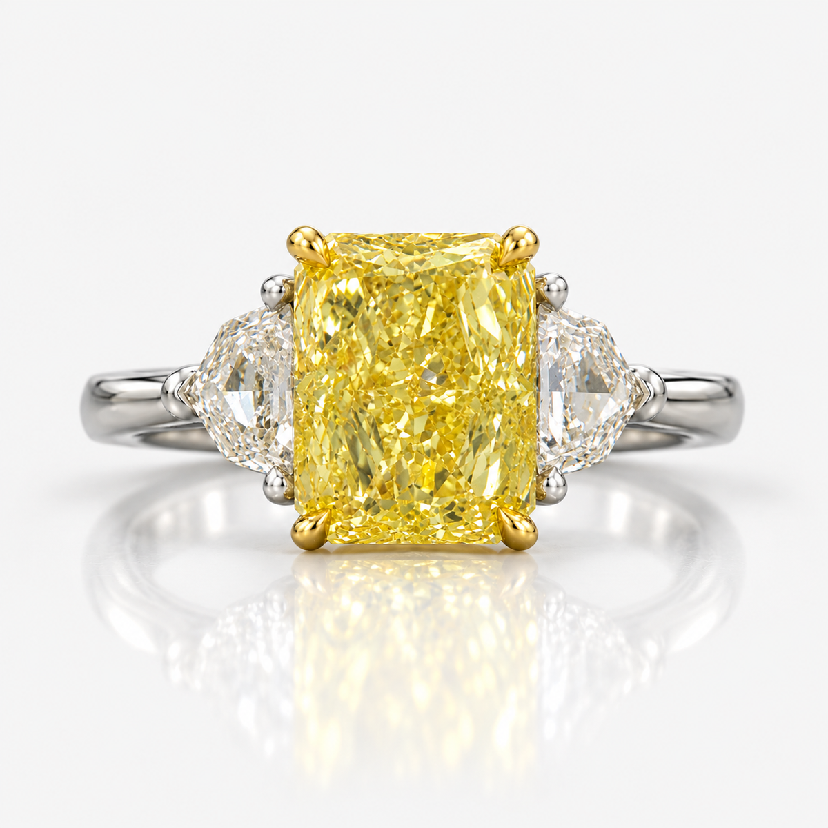 2ct GIA Fancy Yellow Elongated Radiant Diamond Three Stone Engagement Ring