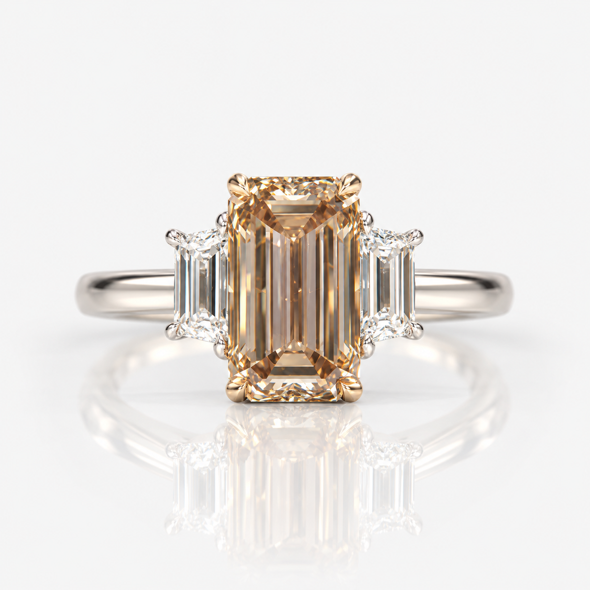 3ct GIA Light Champagne Emerald Diamond Three Stone Engagement Ring