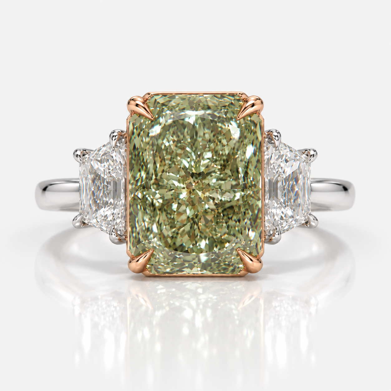 5.01ct GIA Fancy Green-Yellow Elongated Radiant Diamond Three Stone Engagement Ring