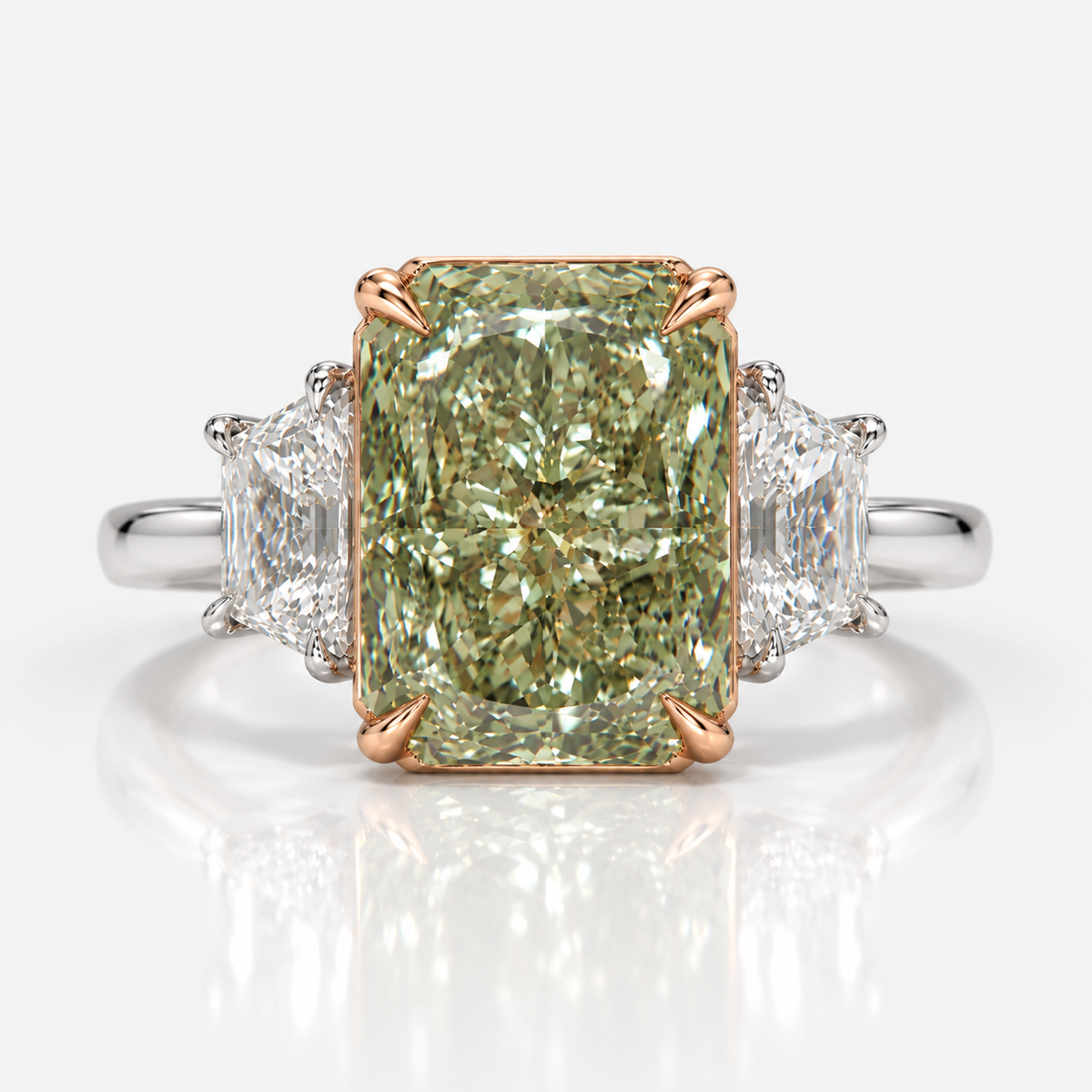 5.01ct GIA Fancy Green-Yellow Elongated Radiant Diamond Three Stone Engagement Ring