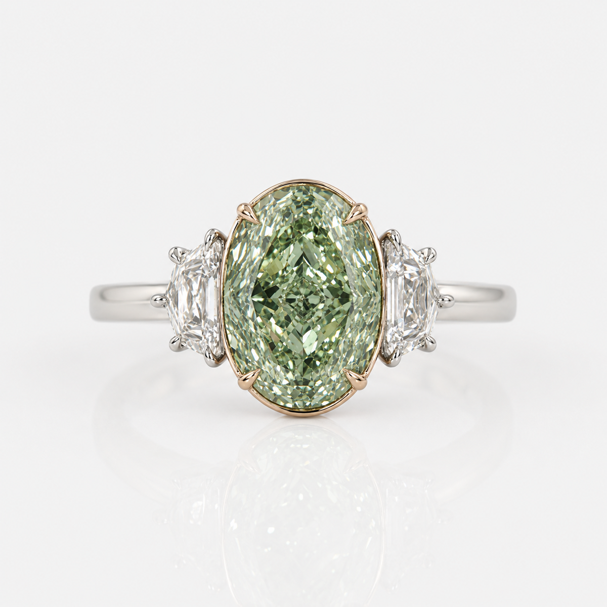 5ct fancy yellow-green oval diamond three stone engagement ring with epaulette sides | Rare Colors by Namdar, NYC