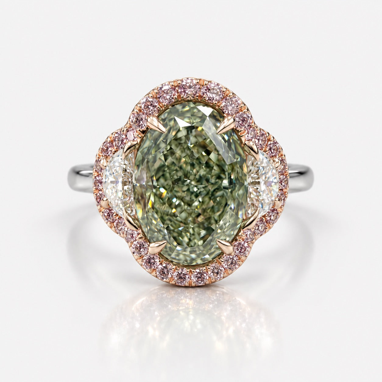 3ct GIA Green Oval Diamond Three Stone Pink Halo Engagement Ring