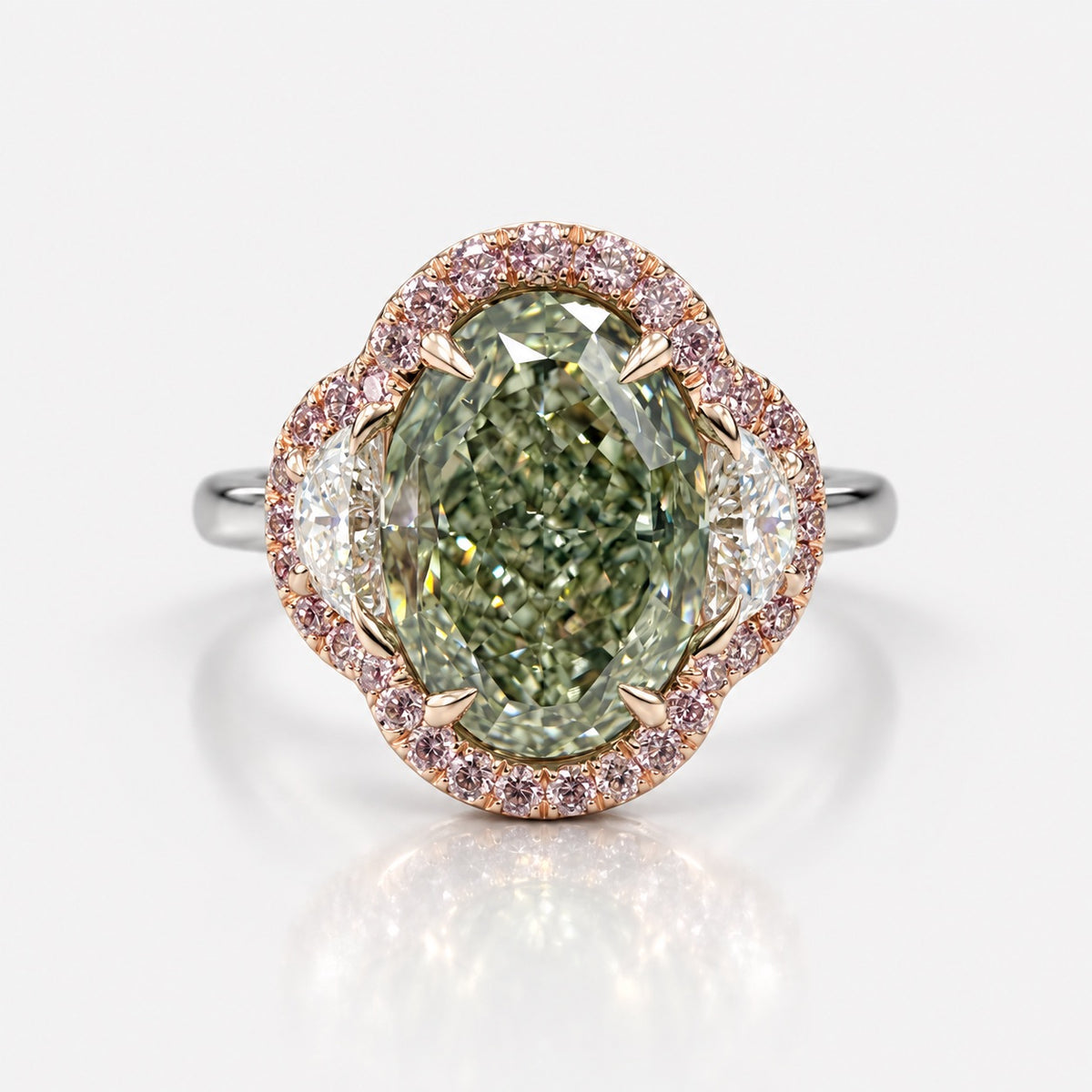 3ct GIA Green Oval Diamond Three Stone Pink Halo Engagement Ring