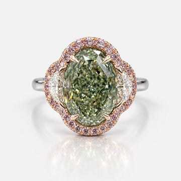 3ct GIA Green Oval Diamond Three Stone Pink Halo Engagement Ring