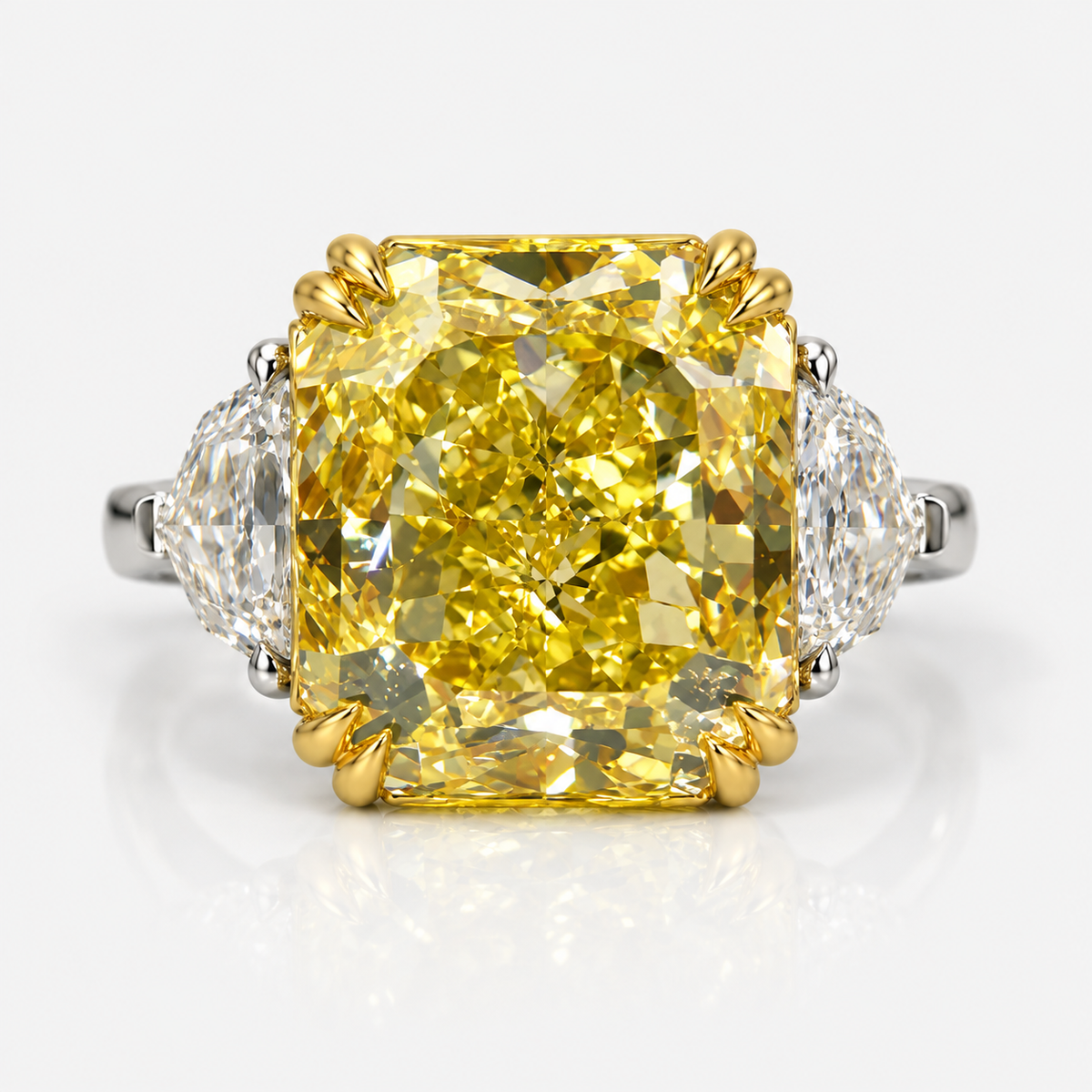 9 Carat GIA Fancy Intense Yellow Radiant Diamond Three Stone Engagement Ring