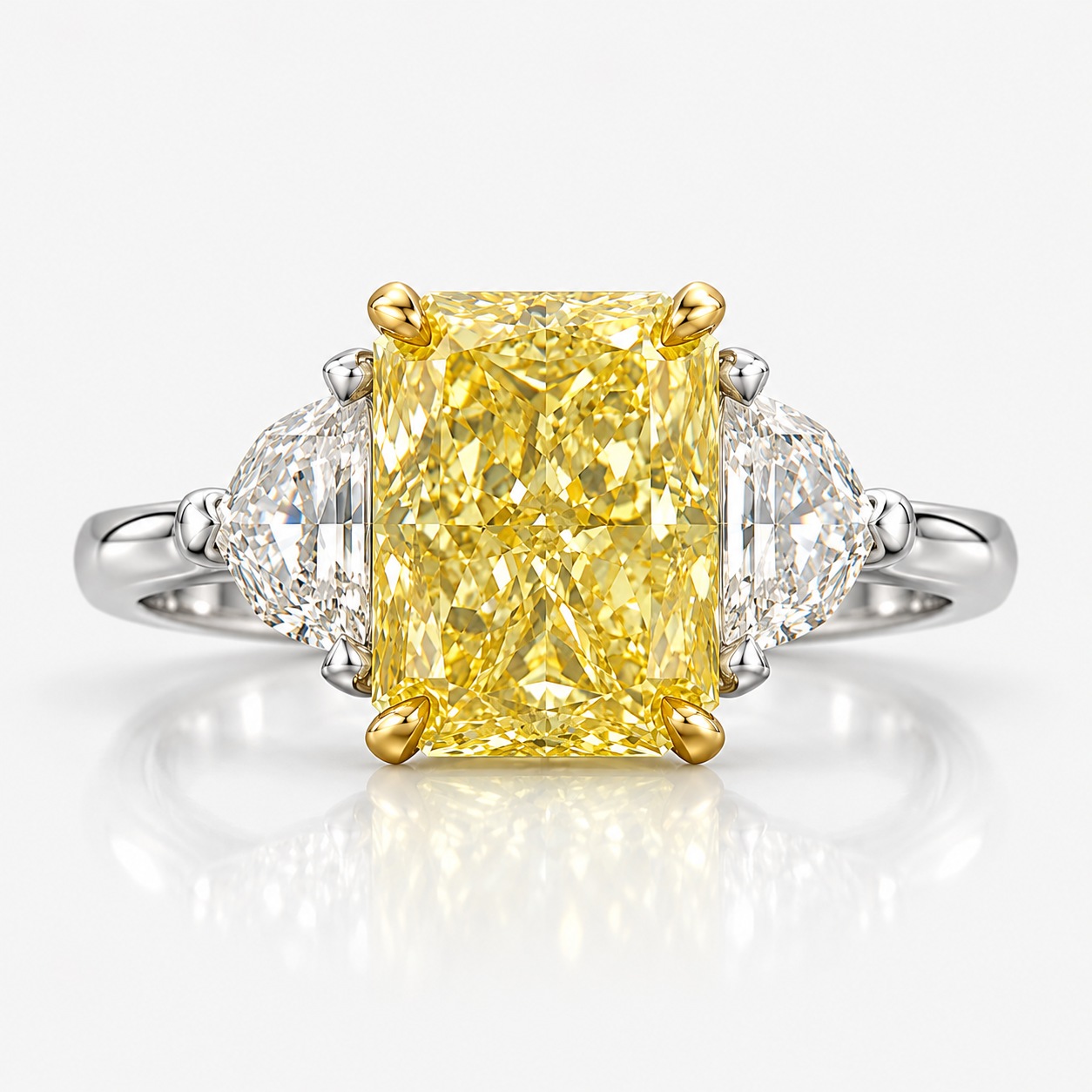 3ct GIA Fancy Yellow Elongated Radiant Diamond Three Stone Engagement Ring