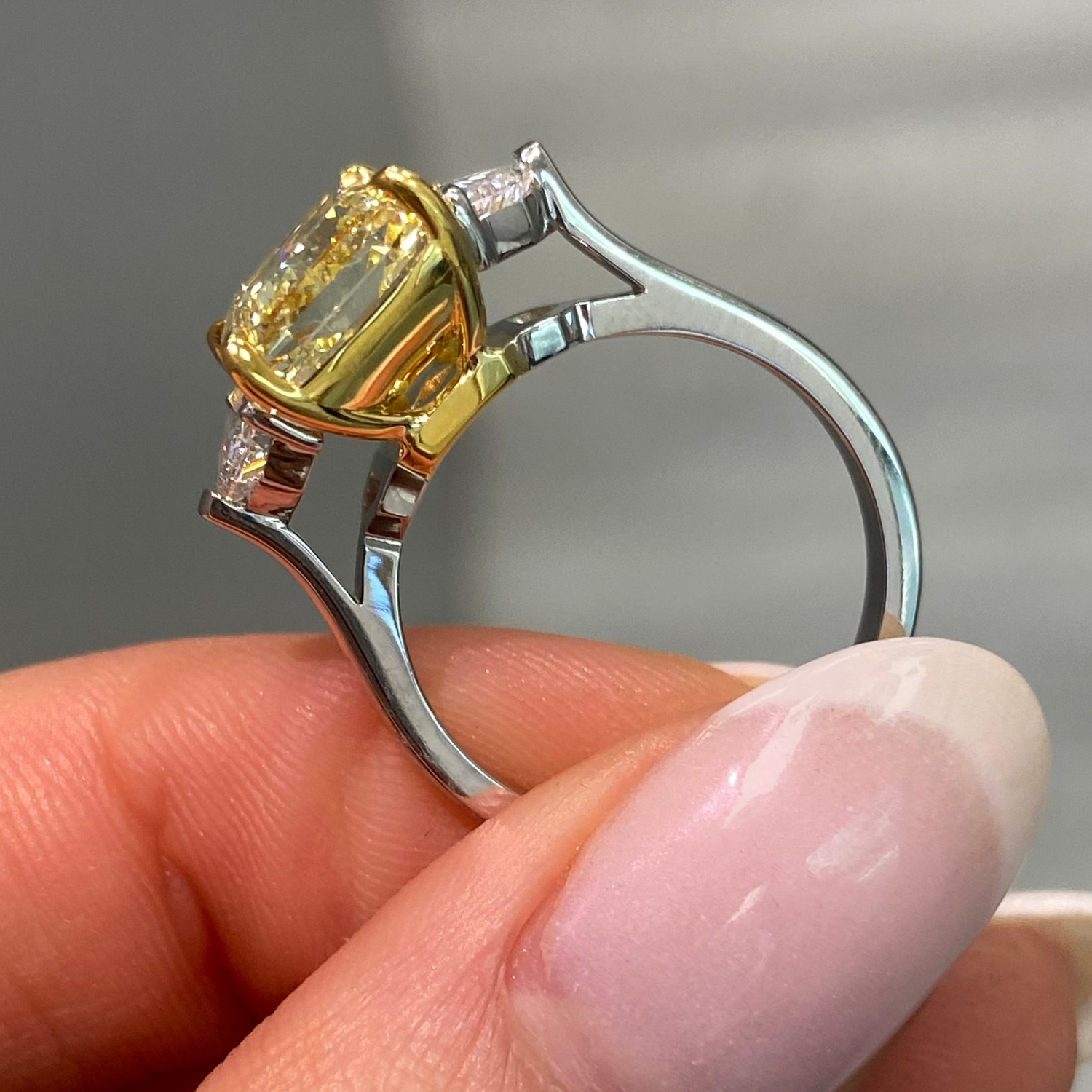 5ct Fancy Yellow Elongated Radiant diamond engagement ring by Rare Colors by Namdar, New York City