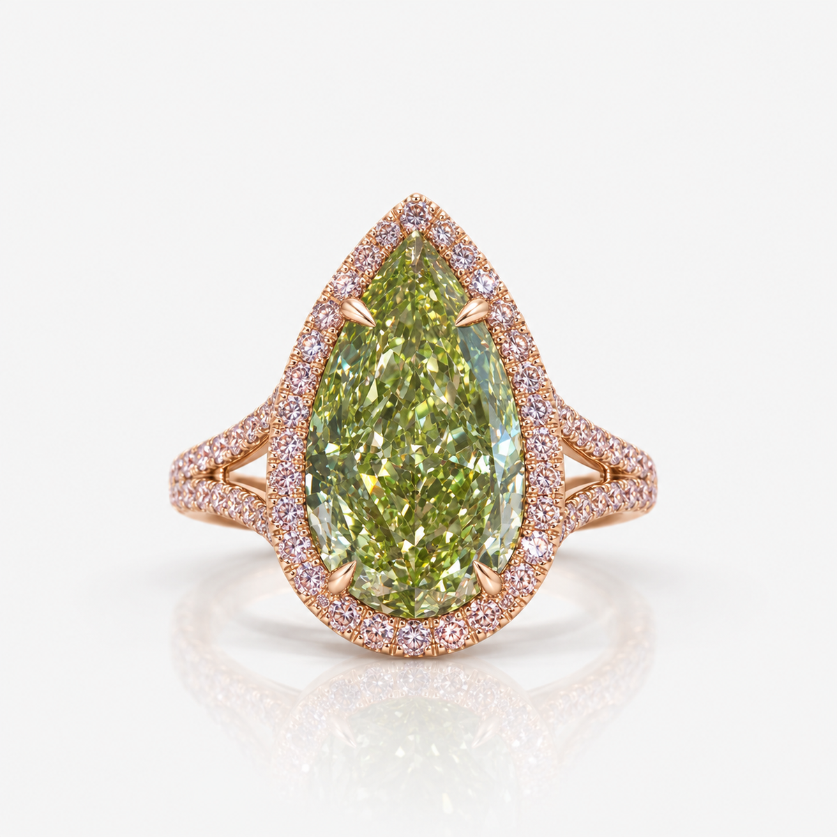 6ct Green Pear Diamond in Pink Diamond Halo Split Shank Engagement Ring