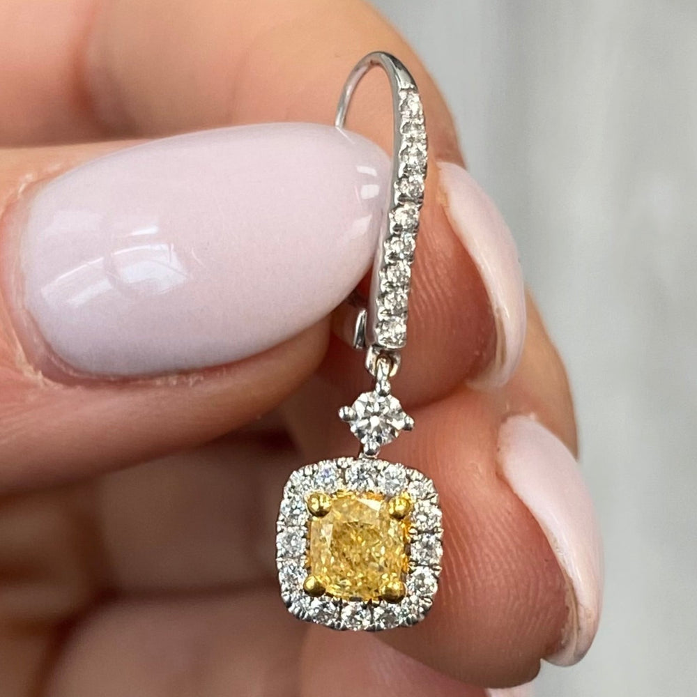1ct Yellow Cushion diamond drop earrings by Rare Colors by Namdar, New York City