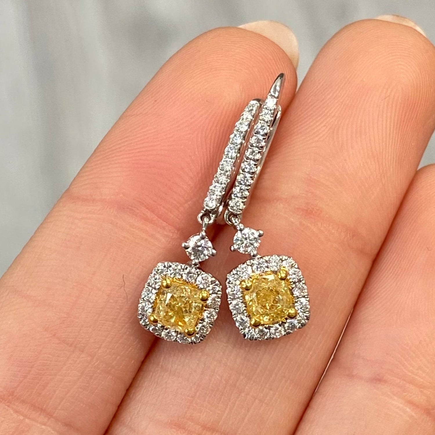 Natural 1ct Yellow Cushion diamond drop earrings — Rare Colors by Namdar NYC