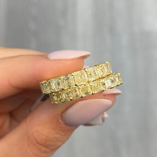 asscher cut diamonds. yellow asscher cut diamonds. Diamond eternity ring. Diamond wedding band,