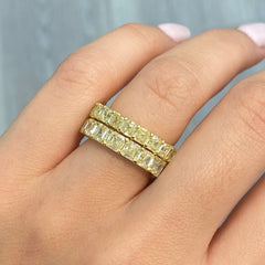 Fancy yellow diamond asscher cut eternity band.asscher cut diamonds. yellow asscher cut diamonds. Diamond eternity ring. Diamond wedding band. Yellow diamond jewelry.