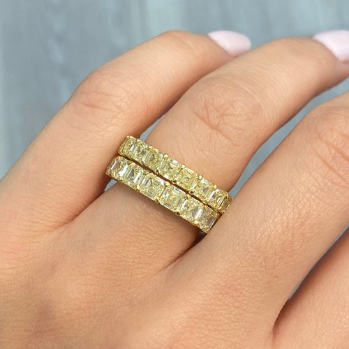 Fancy yellow diamond asscher cut eternity band.asscher cut diamonds. yellow asscher cut diamonds. Diamond eternity ring. Diamond wedding band. Yellow diamond jewelry.