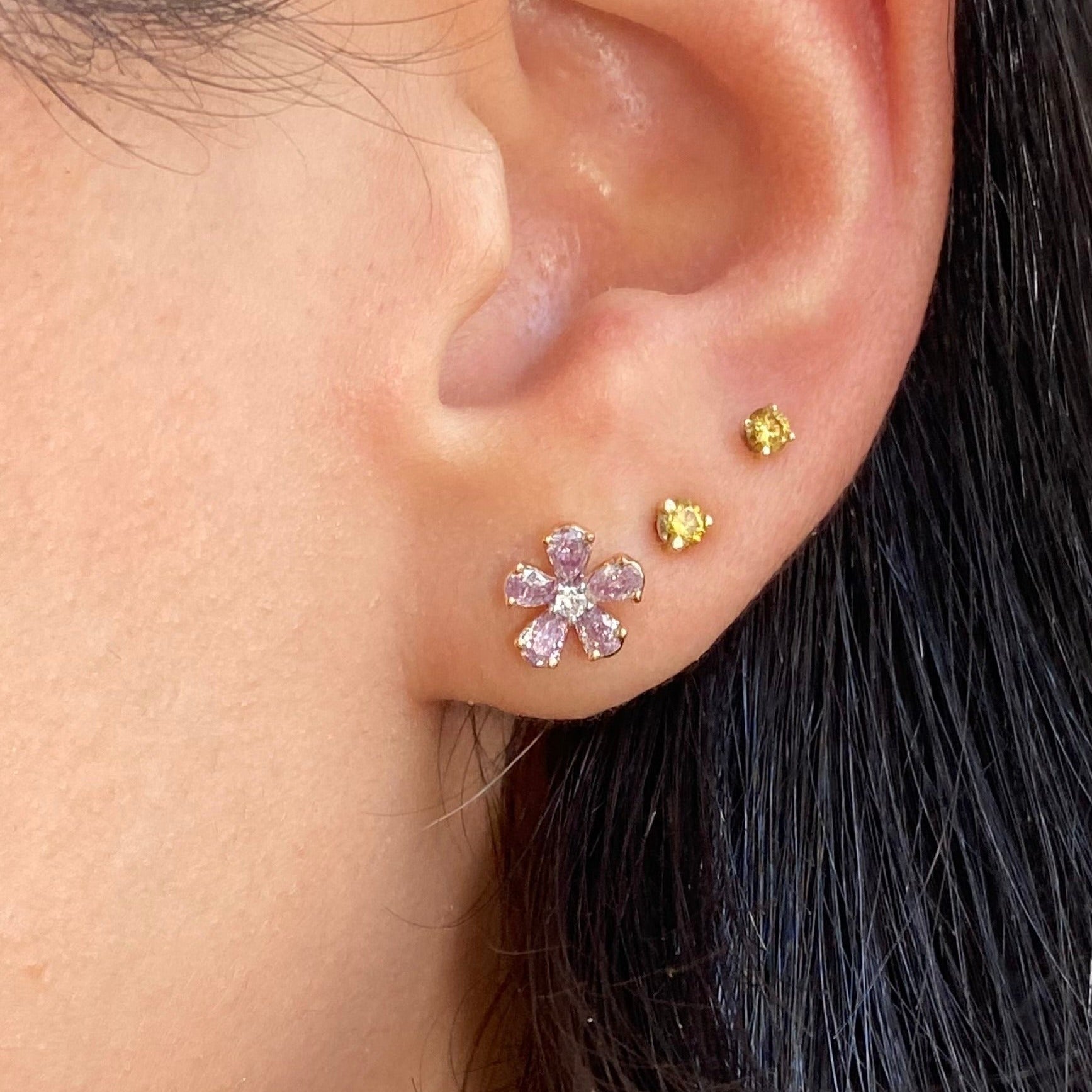 Spring flower earrings, pink diamond stud earrings, dainty pink diamond earrings.