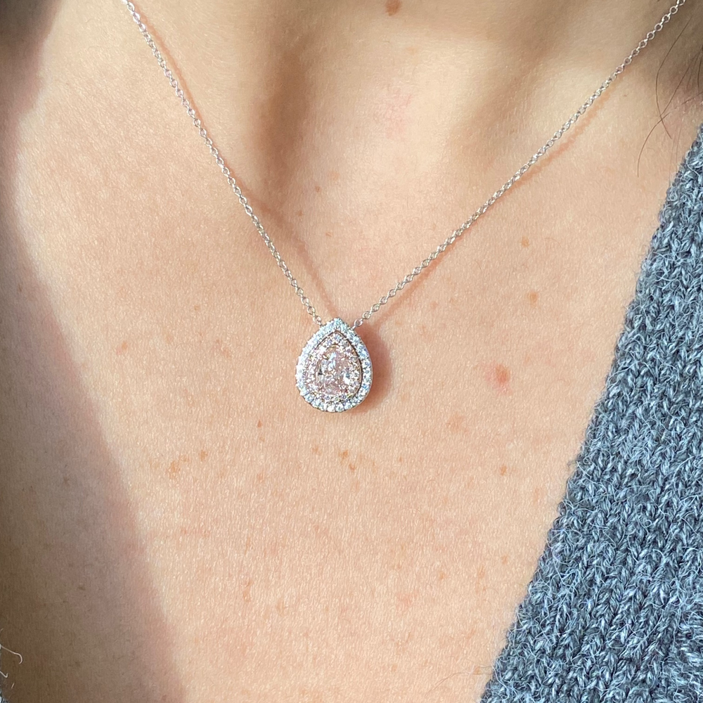 GIA Pink Pear diamond pendant at Rare Colors by Namdar, 5th Avenue New York