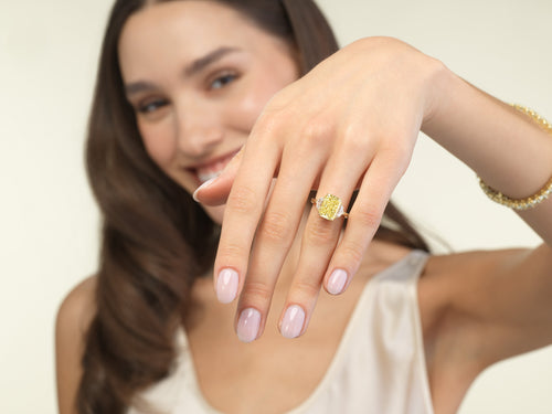 5 Carat Fancy Light Yellow Elongated Radiant Diamond Engagement Ring in Yellow Gold