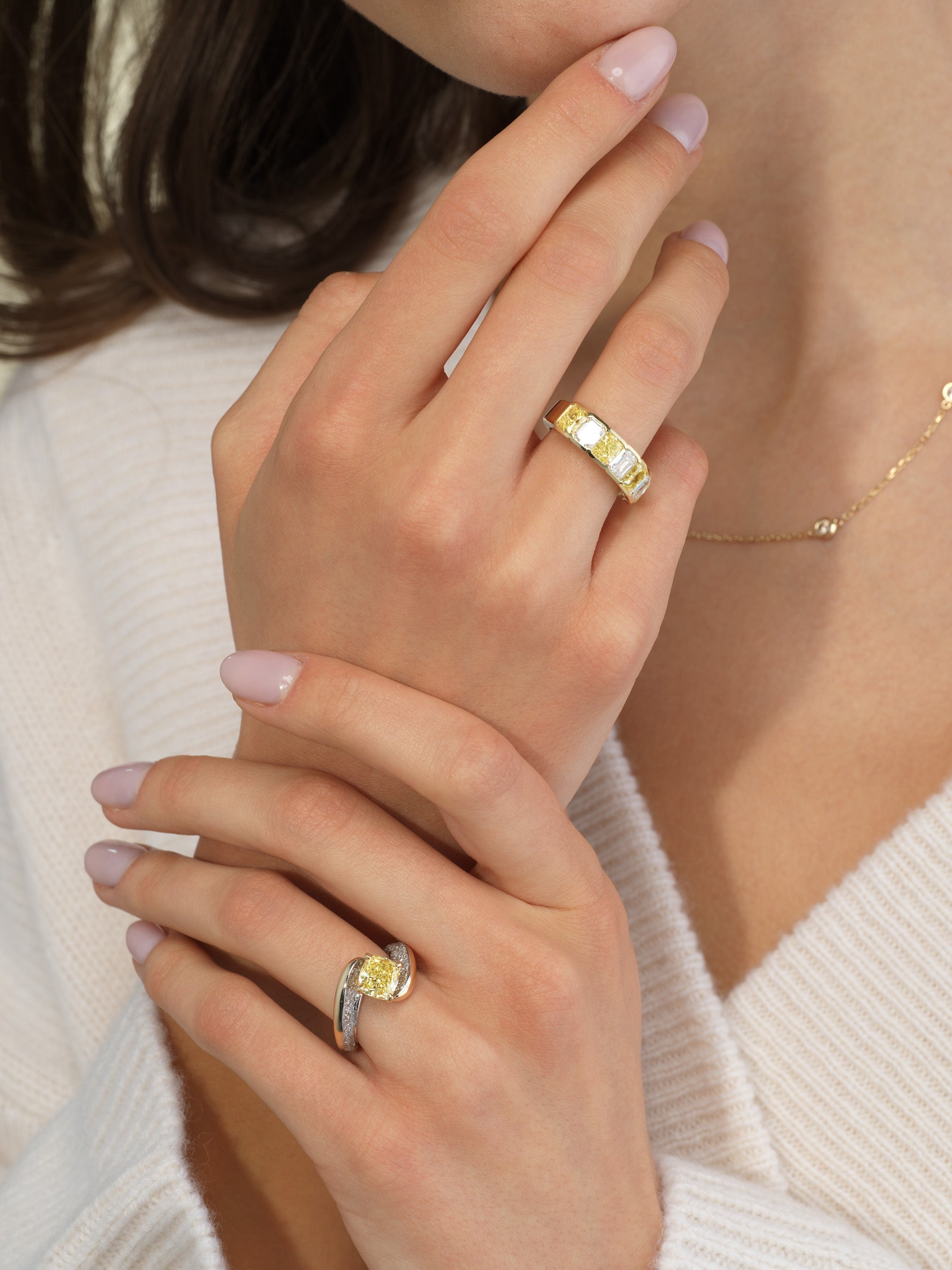 Alternating Fancy Yellow & White Diamond Bezel Half Eternity Band