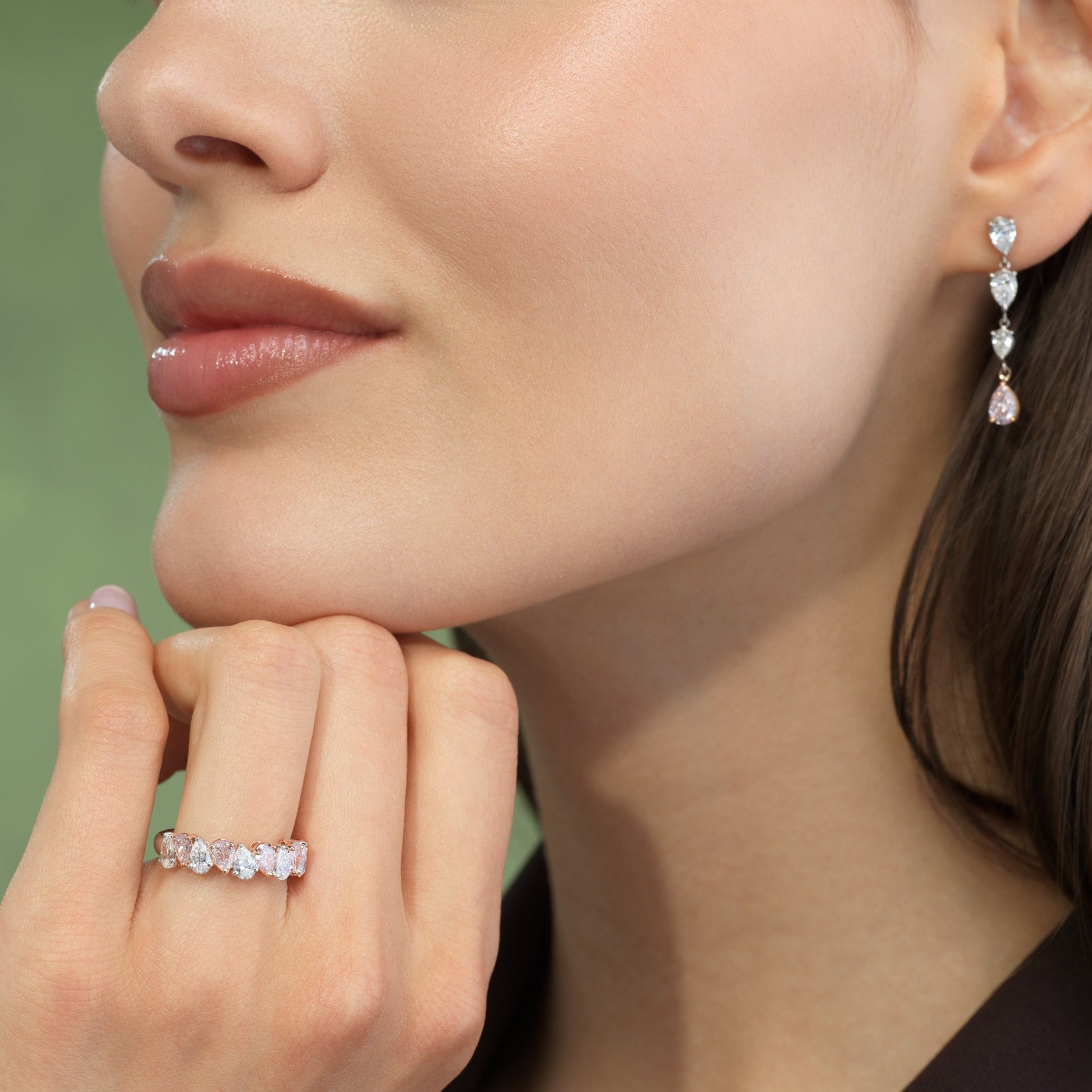 Alternating Pink and White Pear Diamond Half Eternity Band