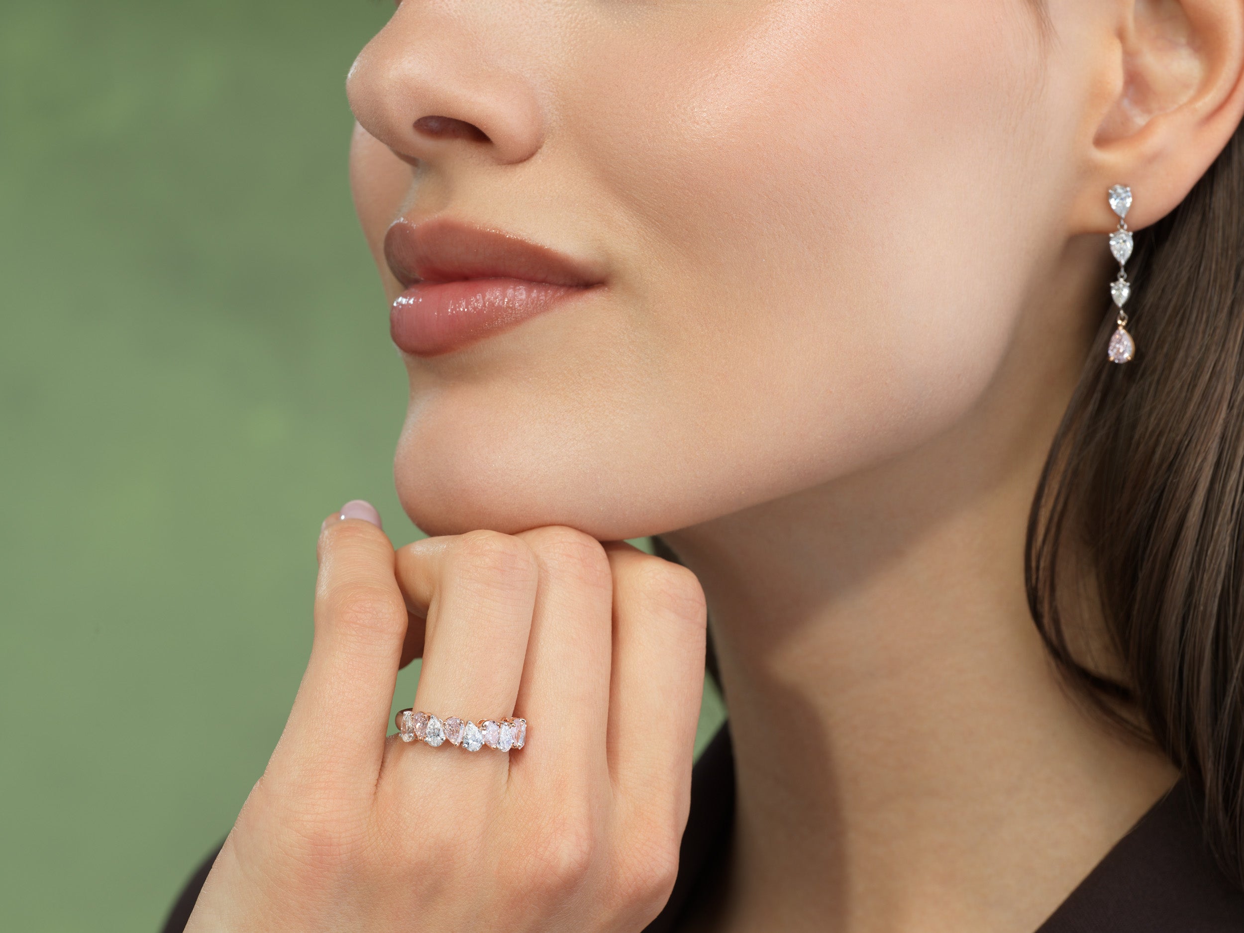 Alternating Pink and White Pear Diamond Half Eternity Band