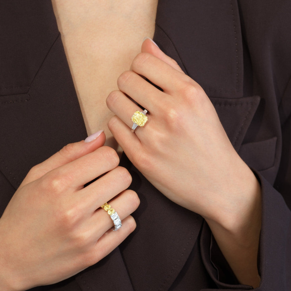 4 Carat Fancy Yellow Elongated Radiant and Tapered Baguette Diamond Engagement Ring